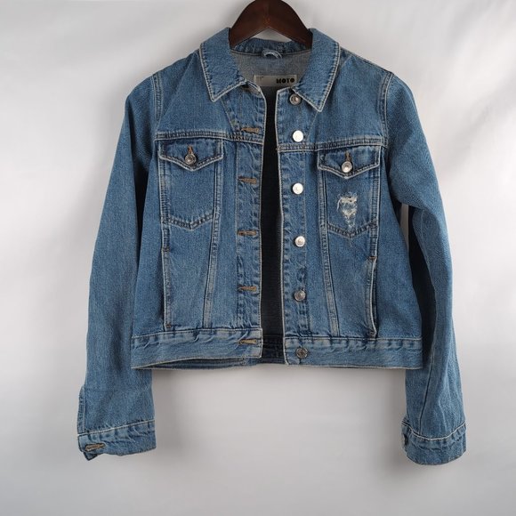 Topshop MOTO Women's Blue Denim Jacket Distressed Chest Pocket, US 2 - Picture 1 of 8